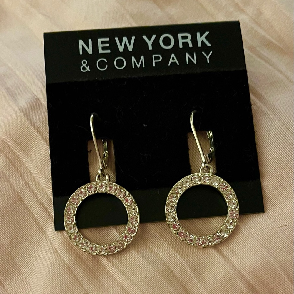 New York & Company silver rhinestone hoop circle earings